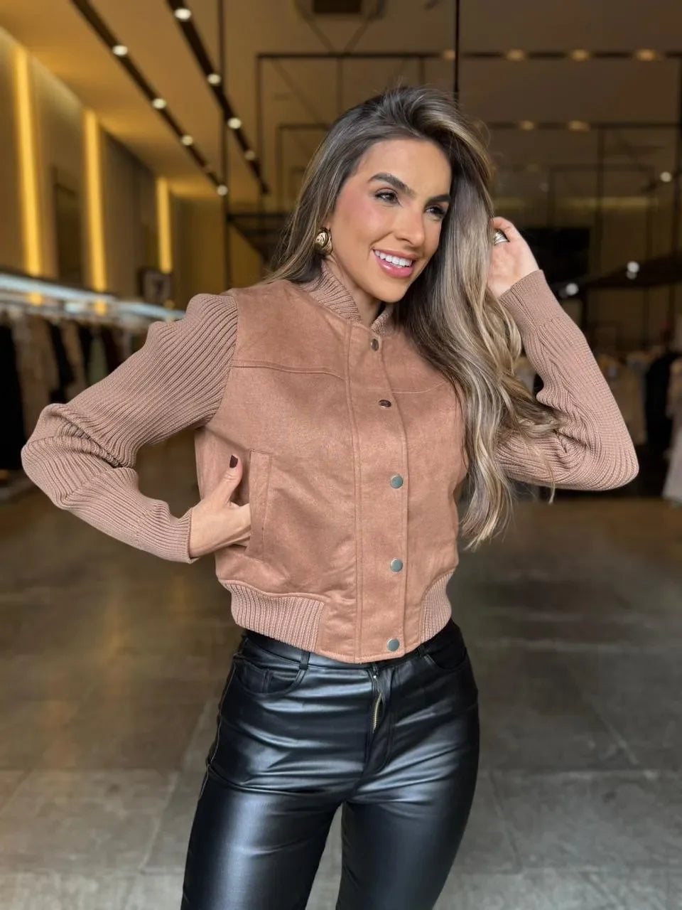 Jaqueta Suede Com Manga Trico