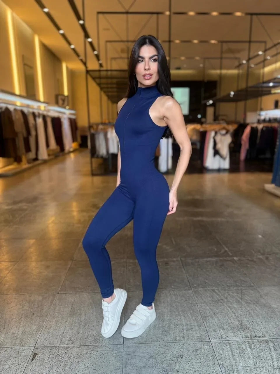 Macacão Longo Fitness Canelado Com Zíper