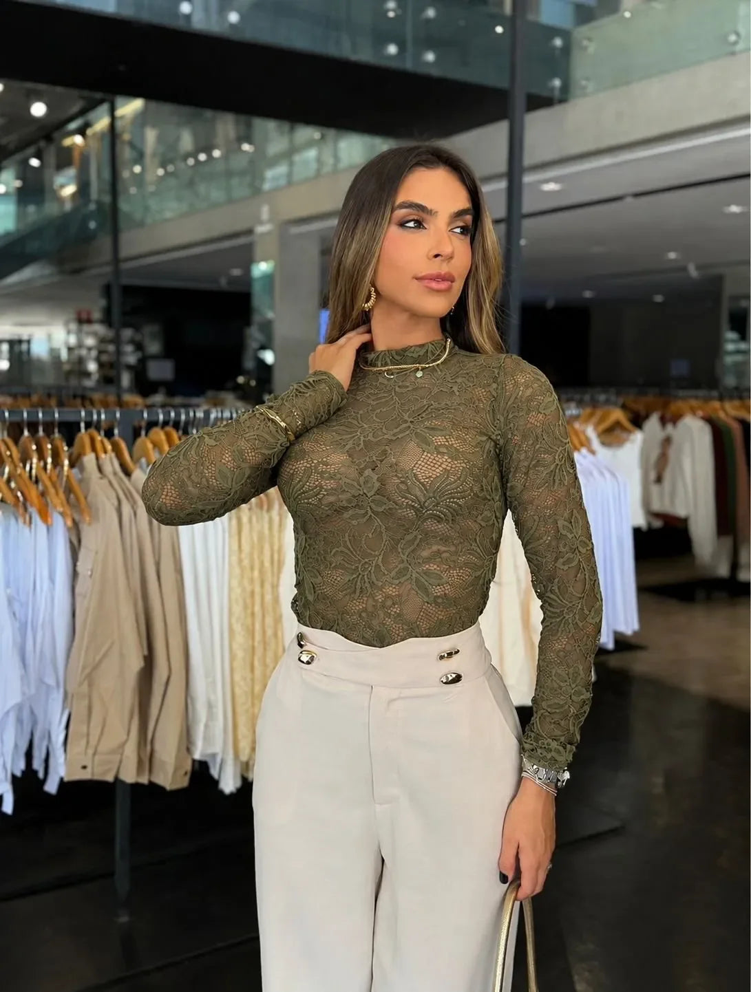 Body Renda Manga Longa Gola Alta
