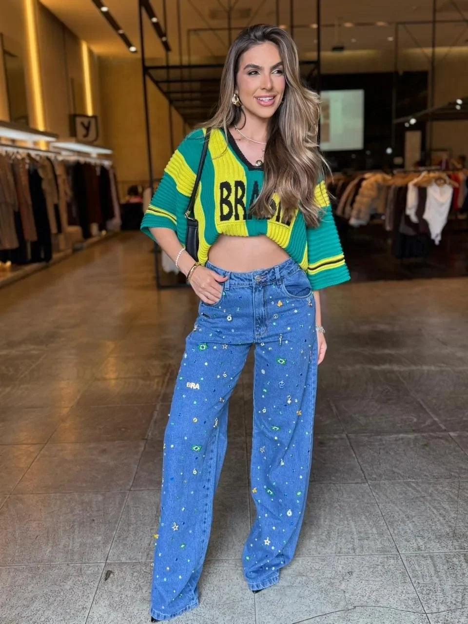 Calça Jeans Wide Leg Bordado Brasil