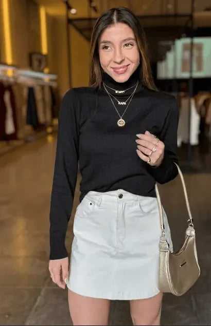 Blusa Tricô Cacharrel Manga Longa Gola Alta