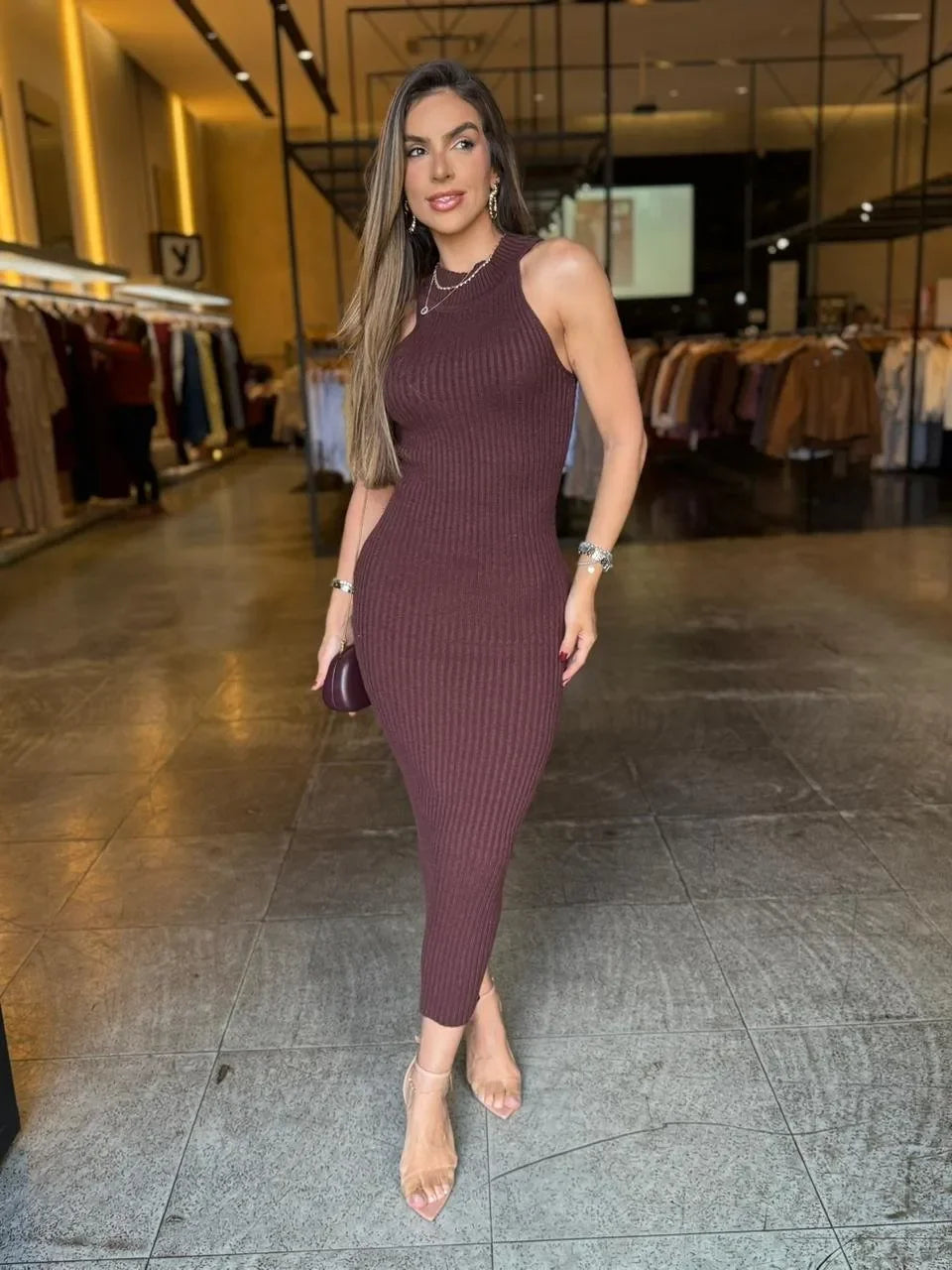 Vestido Midi Modal Gola Alta