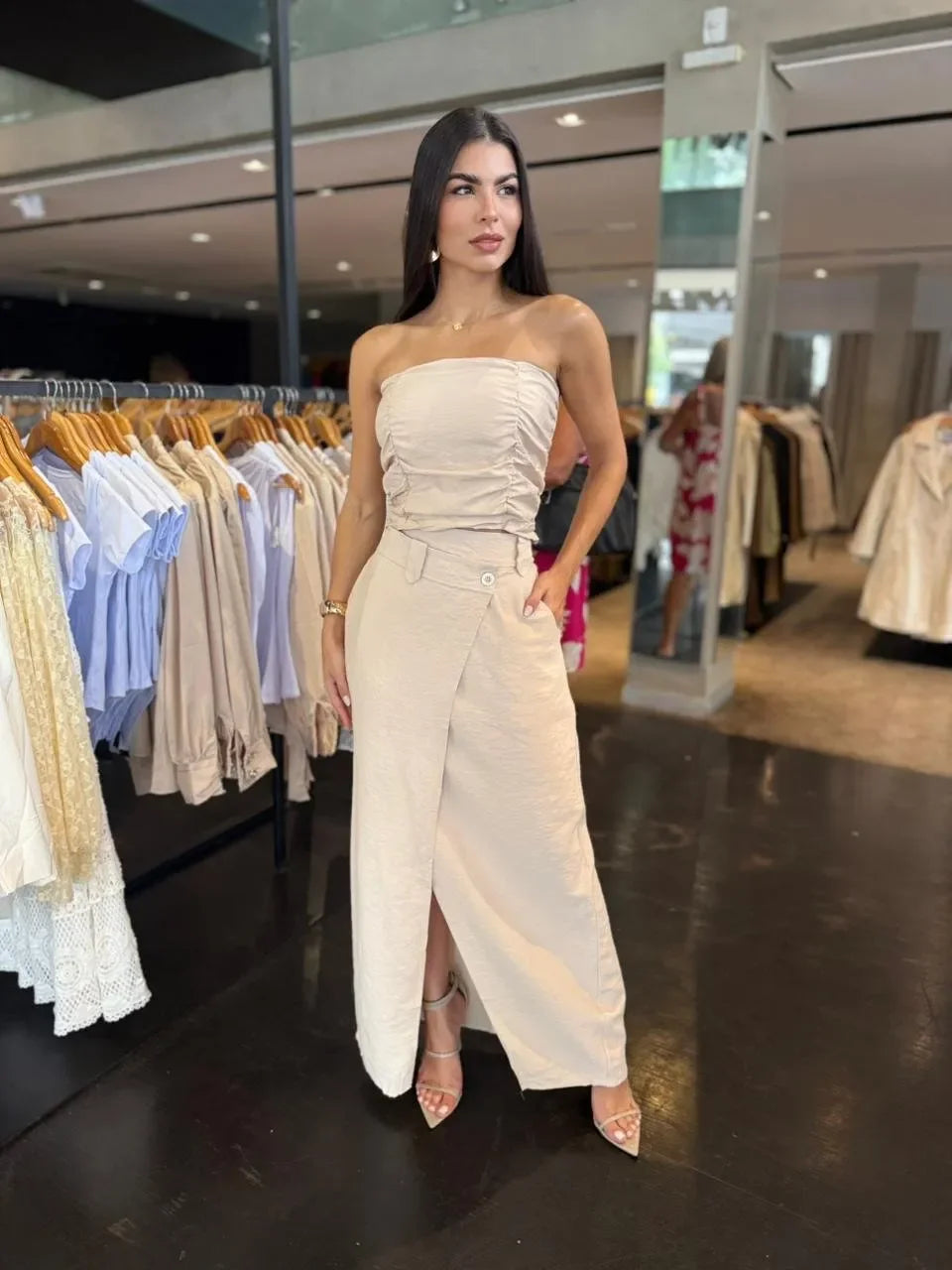 Conjunto Alfaiataria Saia Longa e Blusa Tomara Que Caia